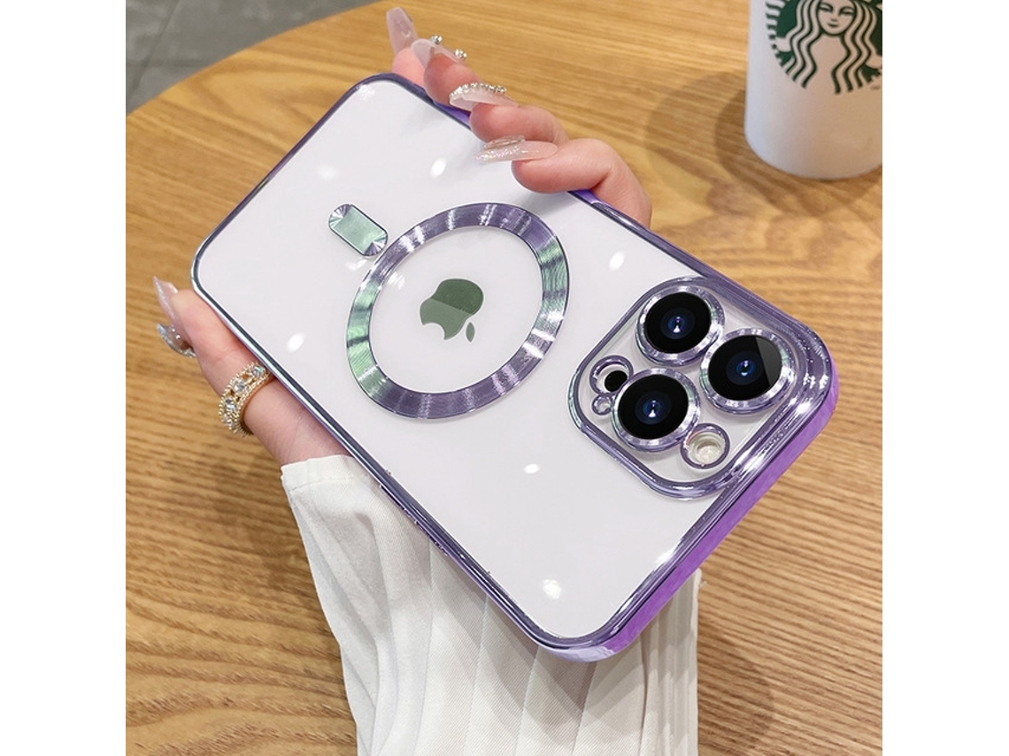 Capa Transparente Eletroplaqueada Magnética Para Iphone 17 Pro Na Cor Lavanda Roxa.