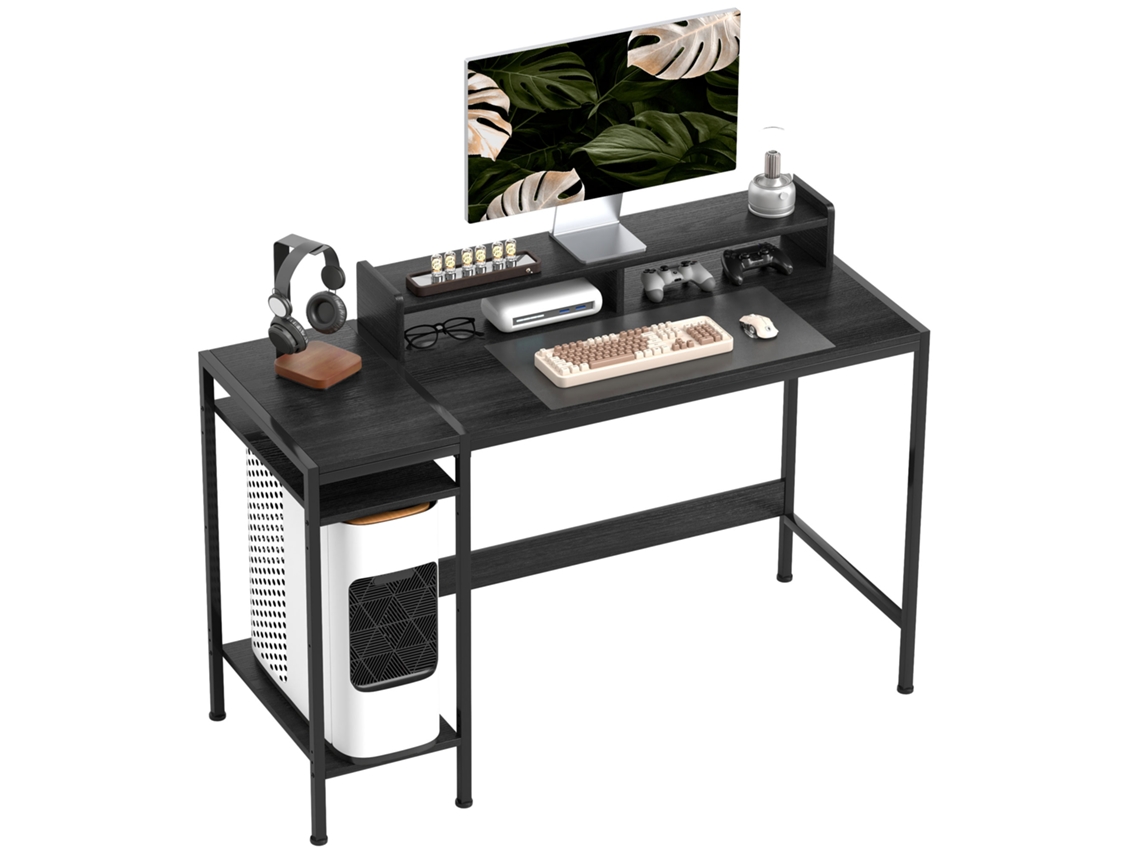 Mesa De Computador Reversível Com Estante, Design Moderno Em Madeira E Aço, 120 X 48 X 85, 5 Cm, Preta