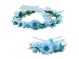 Conjunto ajustável de tiara com coroa de rosas azuis e pulseira floral para casamento.