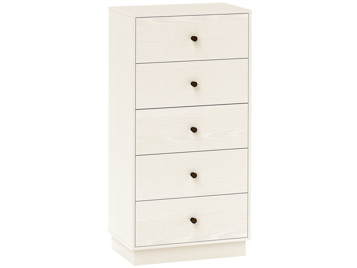 Cómoda 5 gavetas, alta e estreita, moderna, 47x29x95cm, creme
