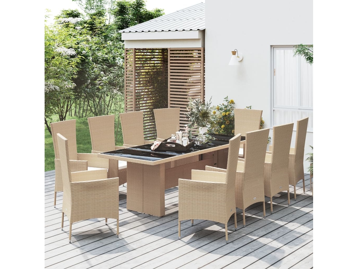 11 Pcs Conjunto De Jantar P/ Jardim Com Almofadões Vime Pe Bege Dkd Home Decor