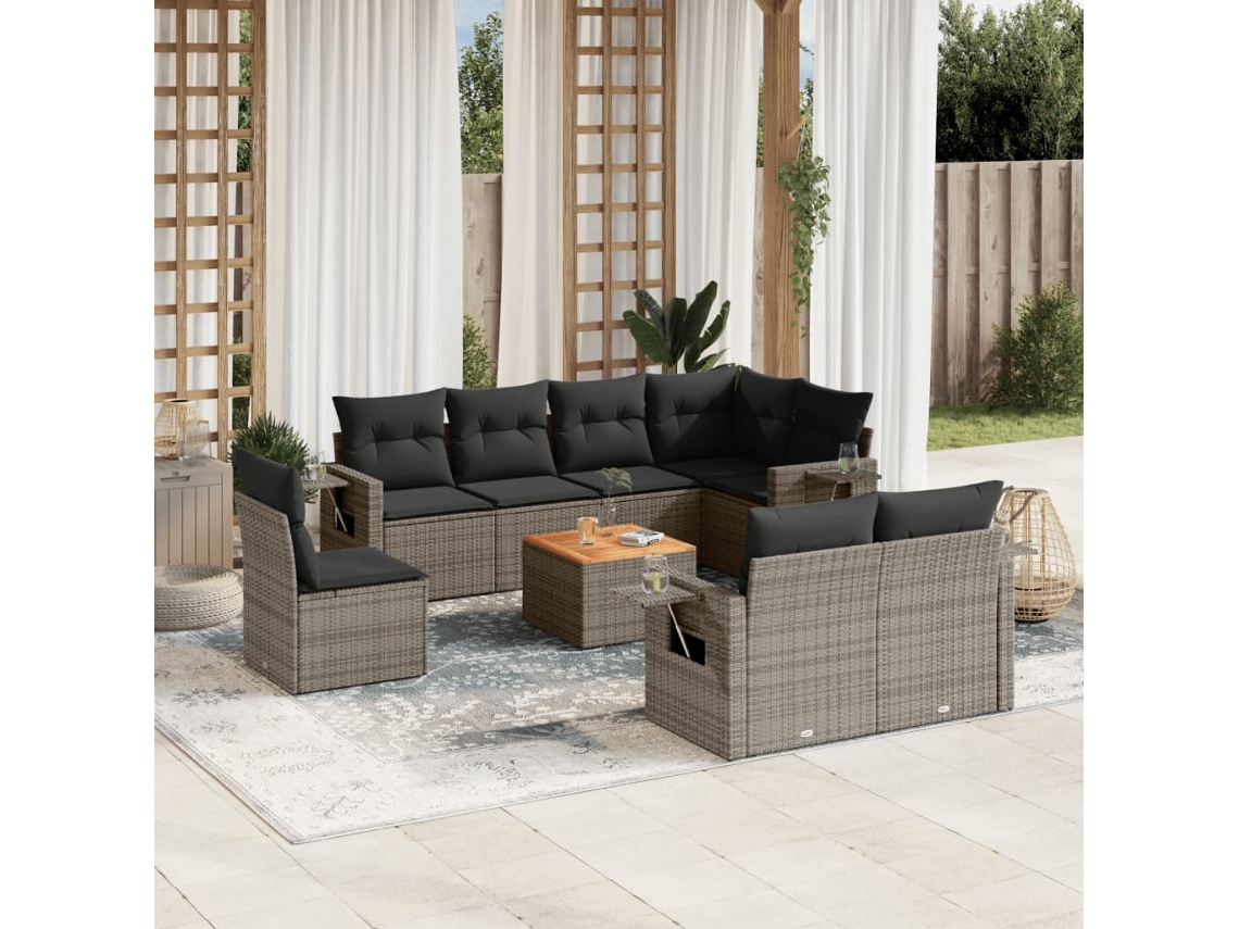 Vidaxl 9 Pcs Conjunto Sofás P/ Jardim Com Almofadões Vime Pe Cinzento