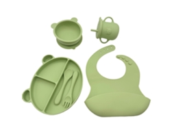 Conjunto 6 Peças Louça De Bebé Silicone Verde: Prato, Tigela, Copo, Babete, Talheres, Antiaderente, Bpa-free Para Blw