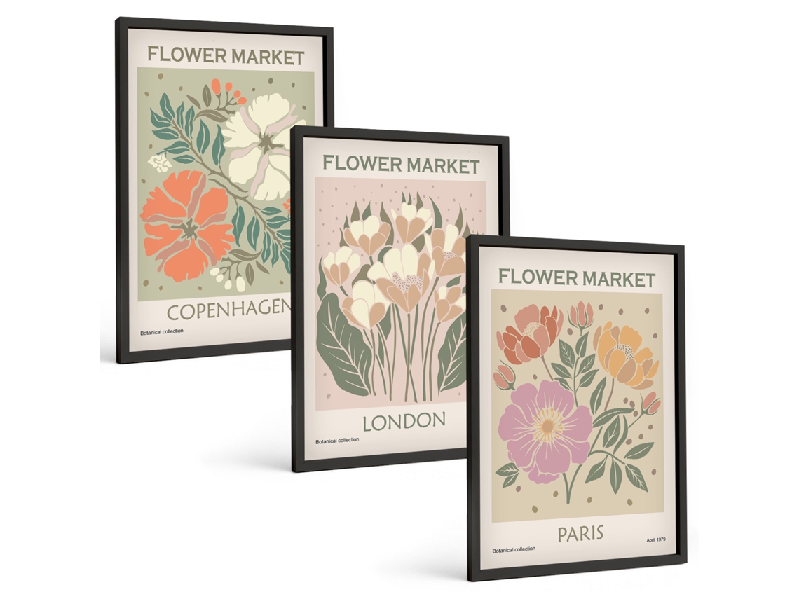 Conjunto De Pinturas Pôsteres Florais Copenhague Londres Paris Espelharte (3 Peças 40x60 Cm)