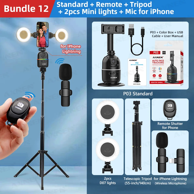 Gimbal Mesa Rastreamento Facial Automático, Suporte Rotativo Celular, Controle Remoto, Tripé Selfie, Gimbal P03, Pacote 12