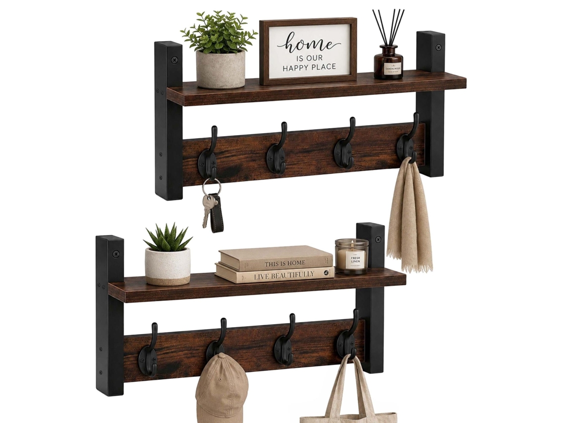 Conjunto Com 2 Cabideiros De Parede Com Prateleira, Mdf Marrom E Ganchos De Ferro