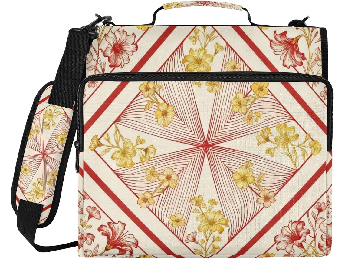 Pasta Organizadora Escolar De 1, 5 Polegadas Quadradas Com Estampa Floral Vermelha E Dourada, 3 Argolas E Alça, Inclui