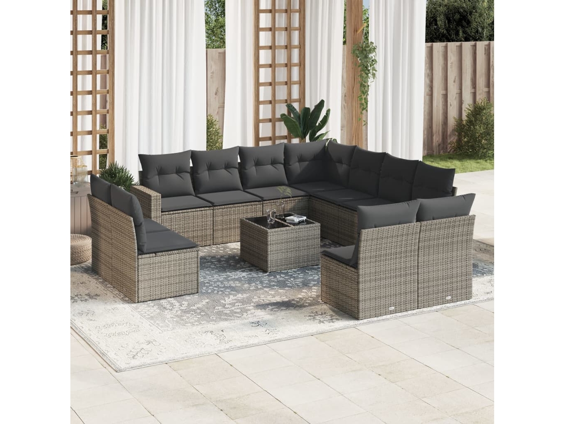 Vidaxl 12 Pcs Conjunto De Sofás Jardim C/ Almofadões Vime Pe Cinzento