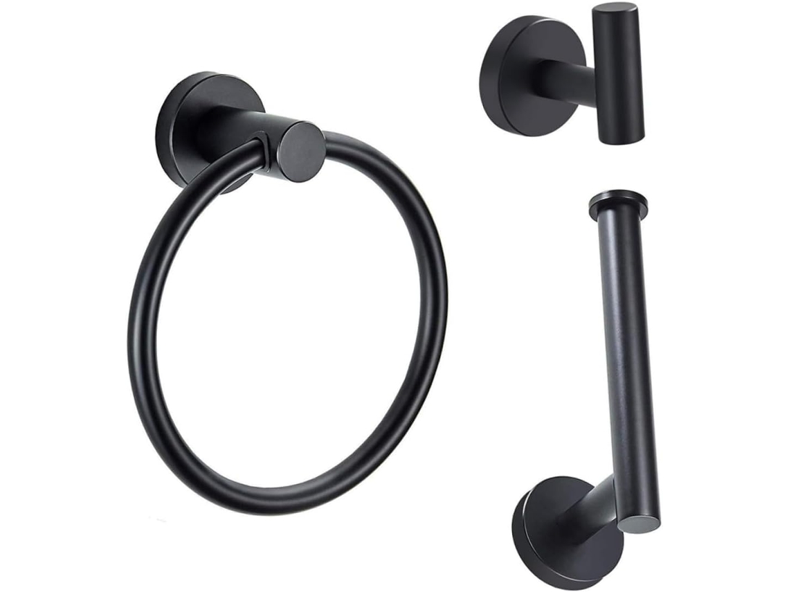 Conjunto De 3 Peças Argolas Toalha Em Aço Inoxidável, Suporte De Toalha Durável Para Banheiro, Gancho Para Roupas, Preto