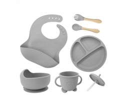 Conjunto de Utensílios em Silicone para Alimentação Infantil, com Ventosas na Base, 6 Peças Cinza PANOONA