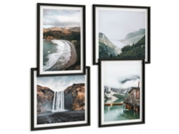 Pinturas Murais Modernas Folhas Verdes Na Janela, Plantas Moldura Preta Pinturas De Quarto Espelharte (conjunto De 4 Imagens)