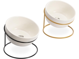 Conjunto de 2 Comedouros Inclináveis ​​com Suporte, em Cerâmica, para Gatos e Cães de Pequeno Porte, nas Cores Preto e Dourado AQUAFORGE