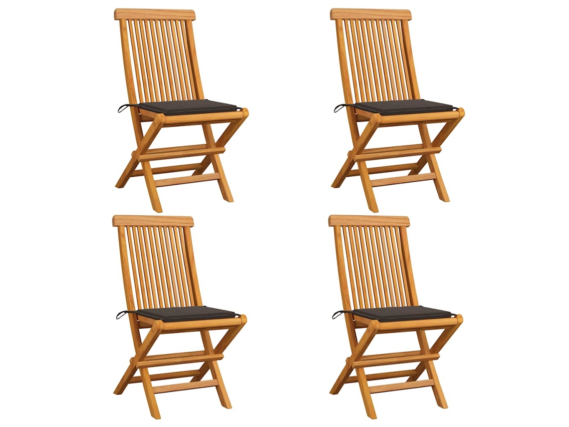 Cadeiras De Jardim C/ Almofadões Cinza Acast. 4 Pcs Teca Maciça Dkd Home Decor