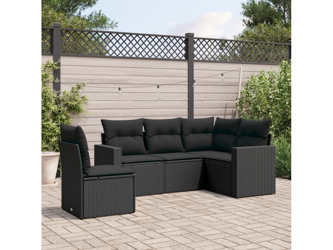 Vidaxl 5 Pcs Conjunto Sofás De Jardim Com Almofadões Vime Pe Preto