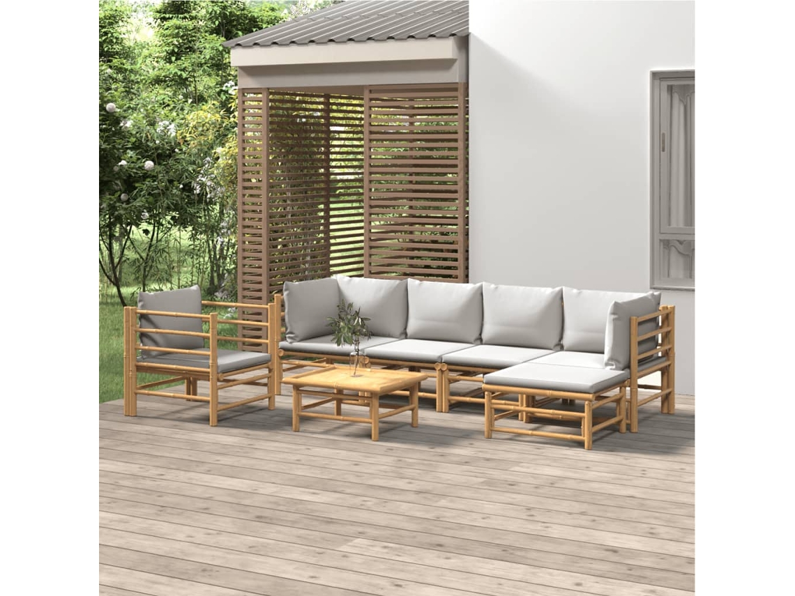 Conjunto 7 Peças Lounge De Jardim Bambu C/ Almofadões Cinzento Claro Dkd Home Decor