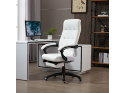 Cadeira de Escritório Ergonómica Reclinável Estofada Pu com Alt.ajust. Apoio para os Braços e Suporte P/ Pés 65x65x118 125 Cm Branco