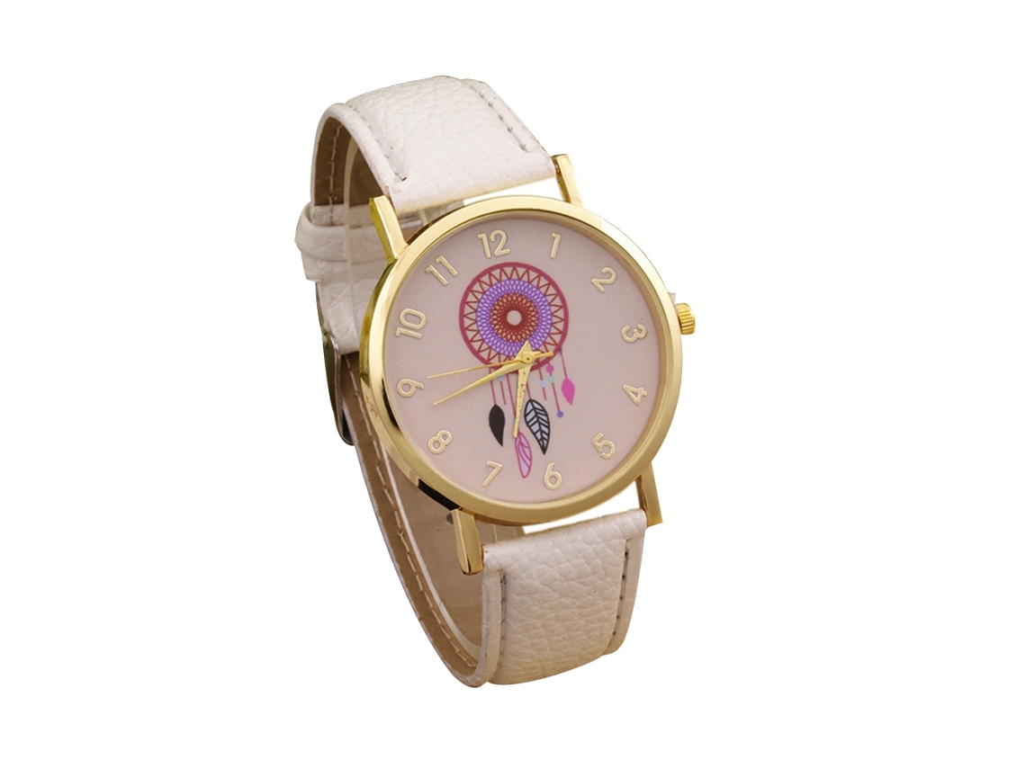 Relógio Feminino Casual Fashionable de Couro Pu com Quartzo Branco Dreamcatcher