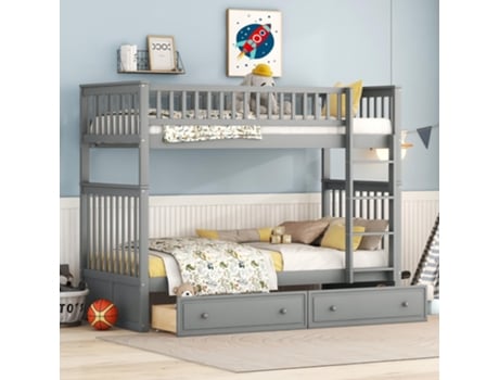 Beliche Para Crianças 90x200cm, Cama Infantil Alta Com Proteção Lateral Gavetas, Estrutura De Cama Solteira Conversível Com Escada Estrado Flieks