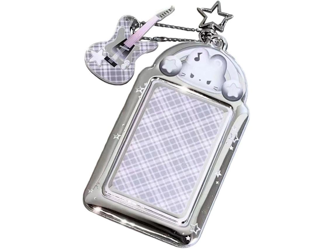 Porta cartão fotográfico com design animado, porta cartão de identificação fofo com pingente guitarra, gato e coelho