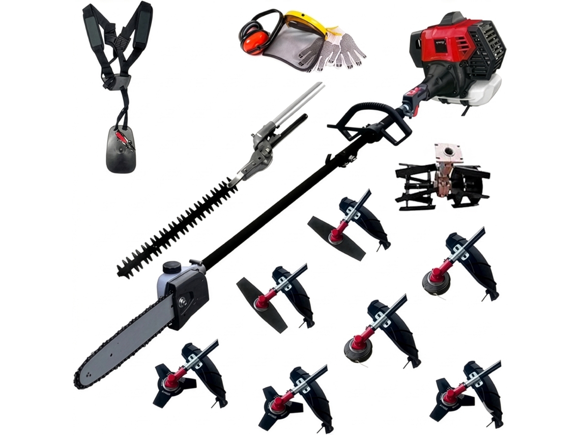Conjunto de 10 Ferramentas Multifuncionais SYNERGY PROFESSIONAL LIFE com motor 65cc 4,9hp, corta cerca viva, podadora, discos, cabeçote automático, arnês
