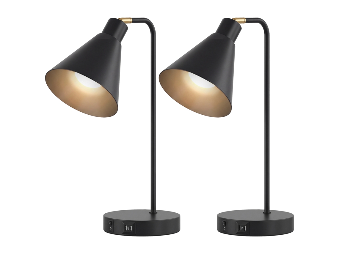Conjunto 2 Lâmpadas Mesa Modernas, Aço, Portas Usb, E27, Preto