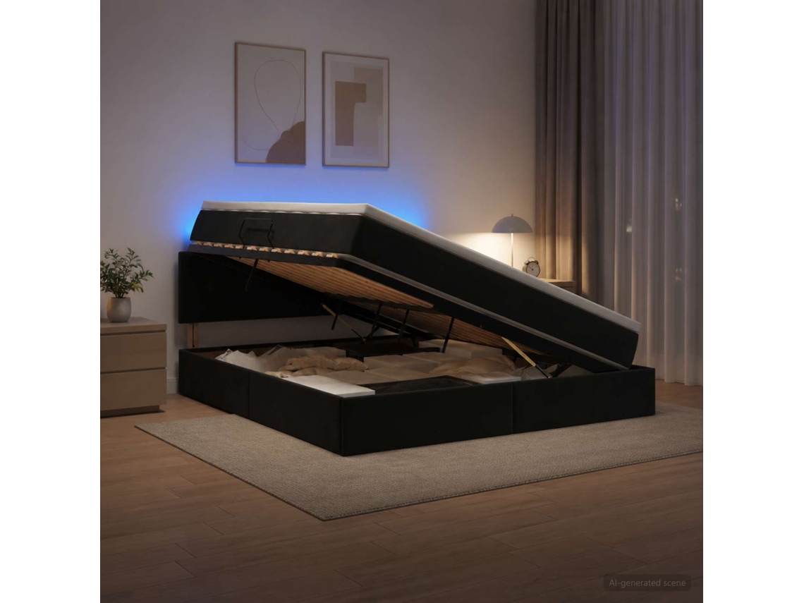 Vidaxl Cama De Armazenamento Led Com Colchão Preto 180 X 200 Cm Veludo