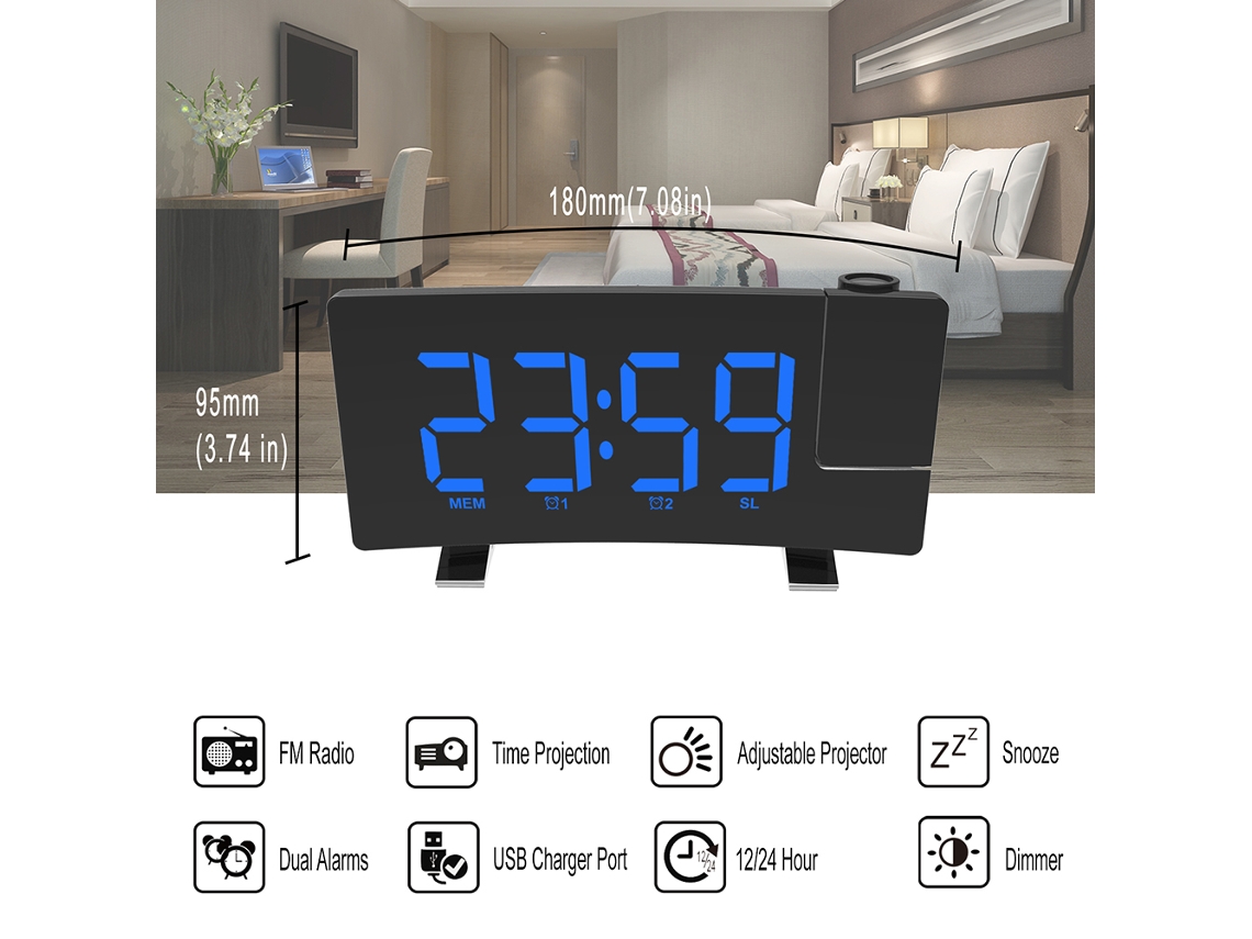 Relógio de Alarme com Projeção Multifuncional Rádio Fm Porta de Carregamento Usb 8 Polegadas