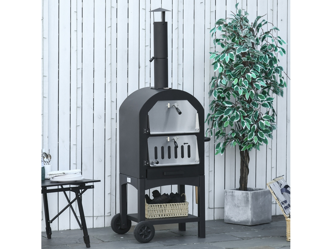 Forno De Churrasco Em Aço Com Chaminé, Rodas E Carvão Vegetal, Modelo Pizza Portátil Preto 63x54x161 Cm.