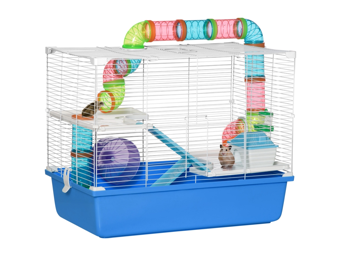Gaiola de Hamster 3 Andares com Túneis, Roda e Bebedouro, 59x36x47 Cm, Azul e Branco