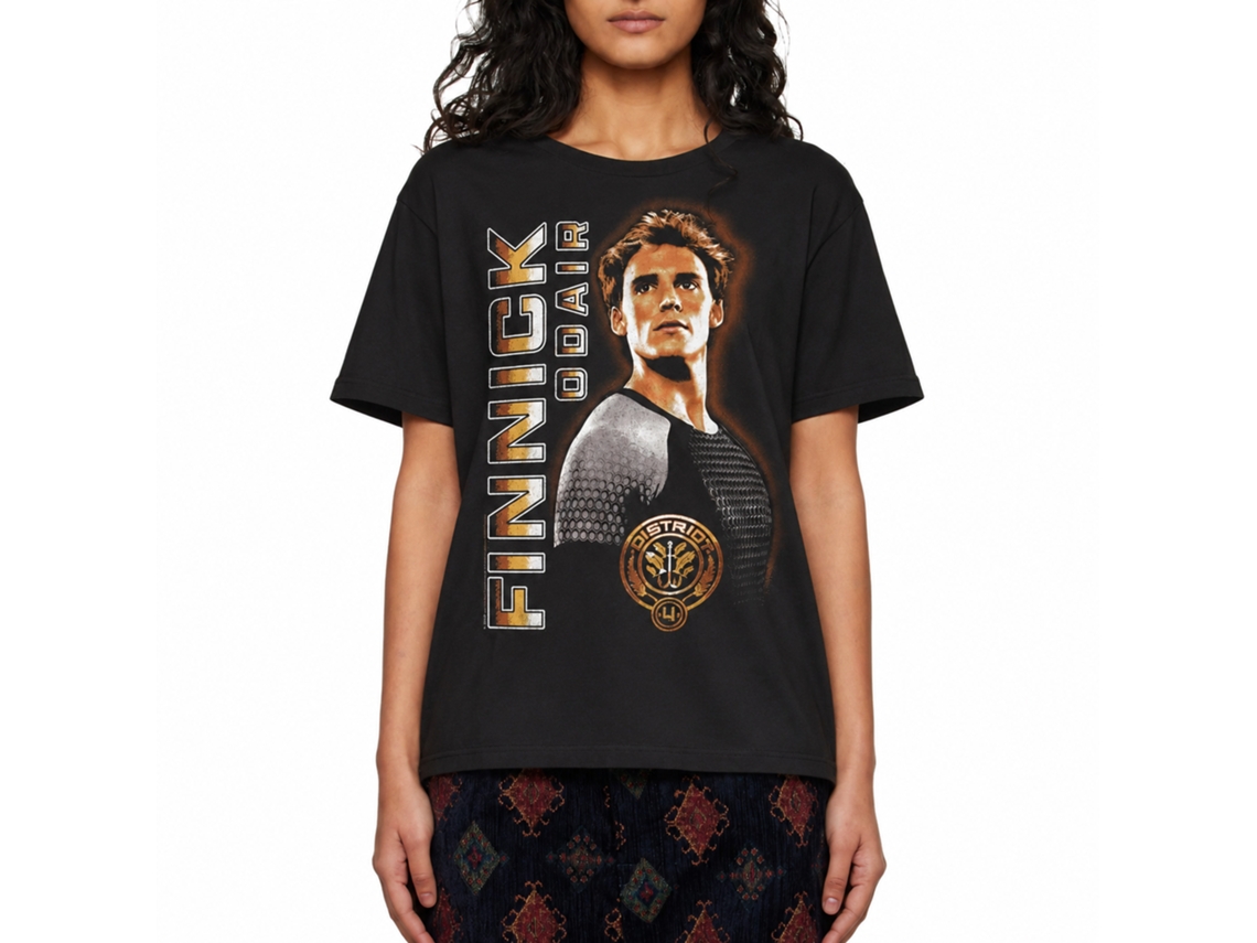 Rockinstone Hunger Games Movie Finnick Vertical Text Black Adult T-shirt Size:xl