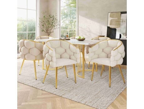 Conjunto De Mesa De Jantar De 7 Peças 140x80 Cm Mesa Com 6 Cadeiras Com Pés Metálicos Dourados, Padrão Mármore Bege Mobrio