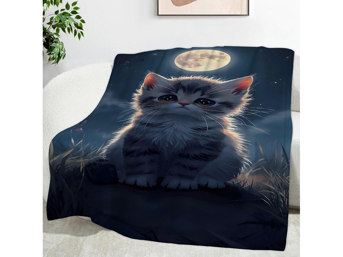 Manta com Estampa de Gatinho e Lua 130x150 Cm Multifuncional Macia Aconchegante em Flanela Ideal para Cama Esc
