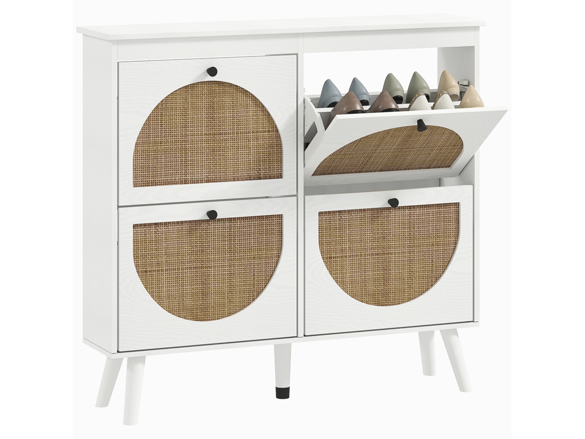 Sapateira CHEZMOI com 4 portas basculantes, 20 pares, prateleiras ajustáveis, estilo boêmio, Pés de madeira, Dimensões 105x24x97,5 cm, Branca
