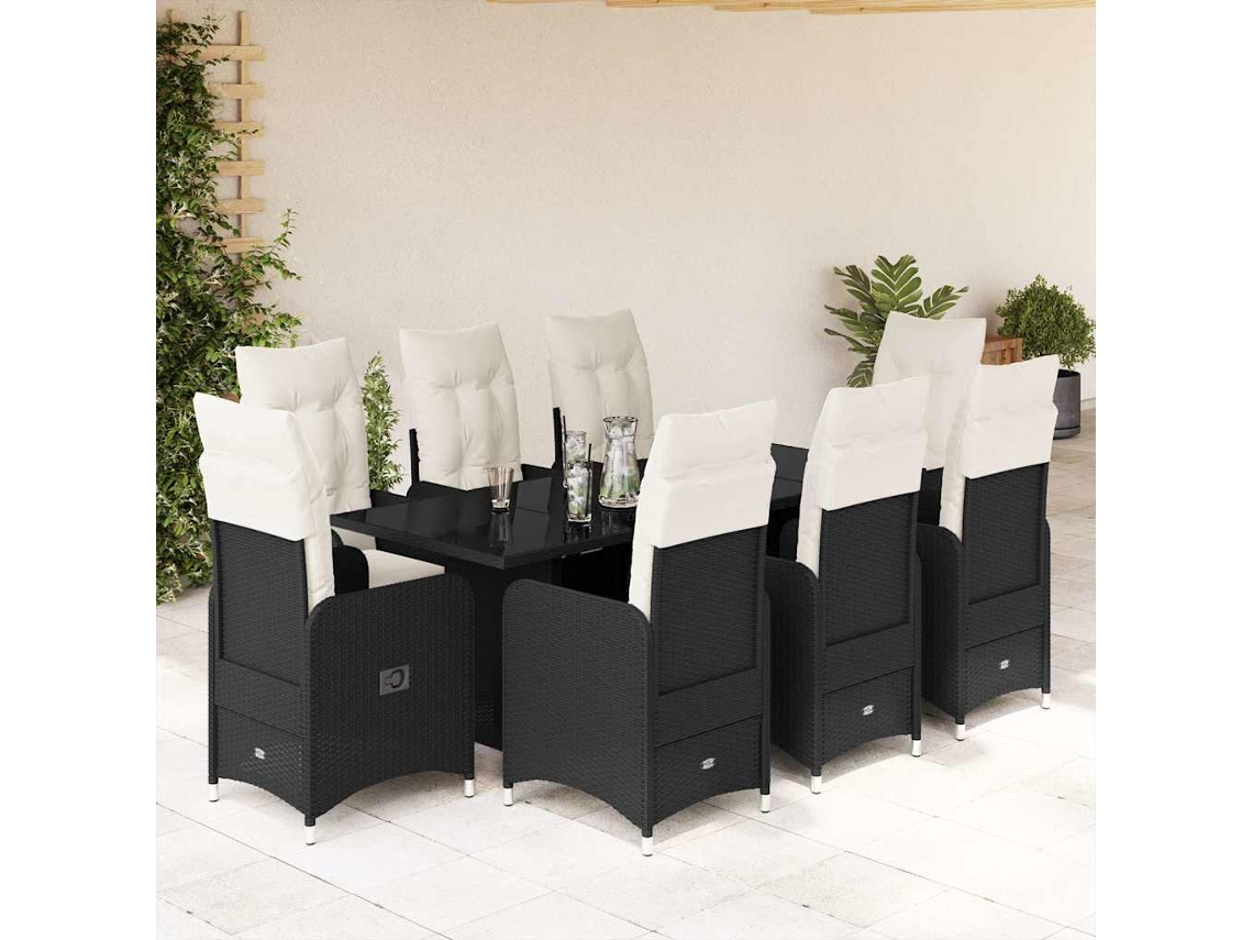 Vidaxl 9 Pcs Conjunto De Bistrô P/ Jardim C/ Almofadões Vime Pe Preto