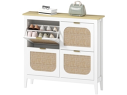 Sapateira Estreita Com 4 Portas Em Vime E Prateleiras Ajustáveis Para 20 Pares De 105x24x95,5 Cm Branco