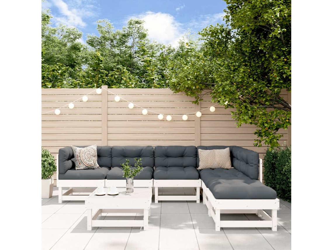 Conjunto Lounge Jardim Pinho Maciço Branco 7 Pcs Dkd Home Decor