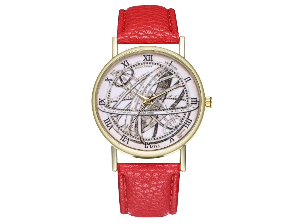 Relógio de quartzo unissex com pulseira de couro PU e mostrador com numerais romanos (vermelho)
