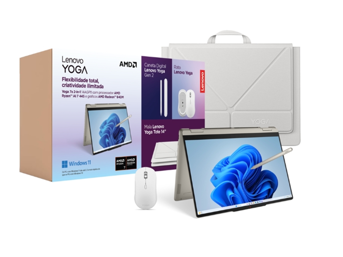 Bundle Portátil LENOVO Yoga 7 2-in-1 14AGP11 (14'' - AMD Ryzen AI 7 445 - RAM: 16 GB - 512 GB SSD - AMD Radeon 840M Graphics) + Rato Yoga  + Pen Yoga + Sleeve