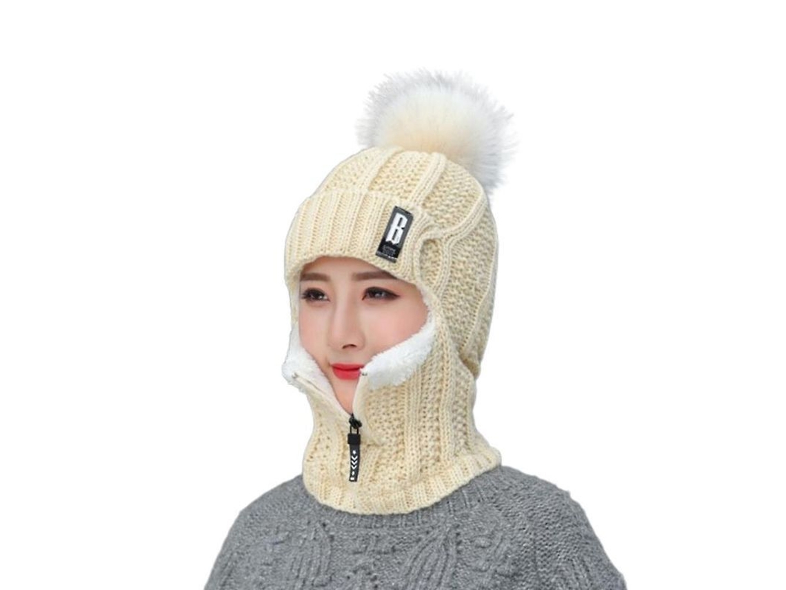 2026 gorro de Lana Tejido Invierno Mujer Con Cremallera Antiviento Y Protección para Orejas Bege