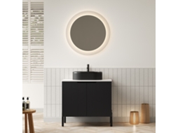 Lavatório 76cm, Cuba Oval Preta Listrada, Tampo Carrara Branco, Armário Preto 2 Portas.