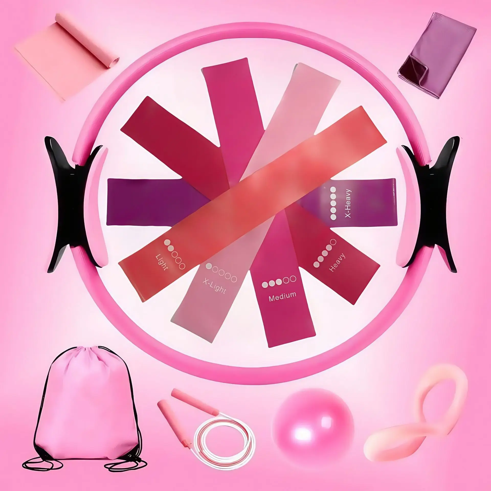 (kit Rosa De 12 Peças) Conjunto De Círculos Pilates, Bola De Ioga, Fita Resistente, Anel Para Glúteos E Corda Saltitante
