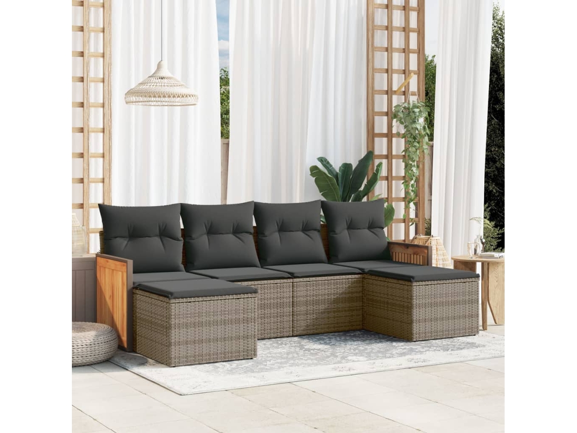 Vidaxl 6 Pcs Conjunto Sofás De Jardim Com Almofadões Vime Cinzento