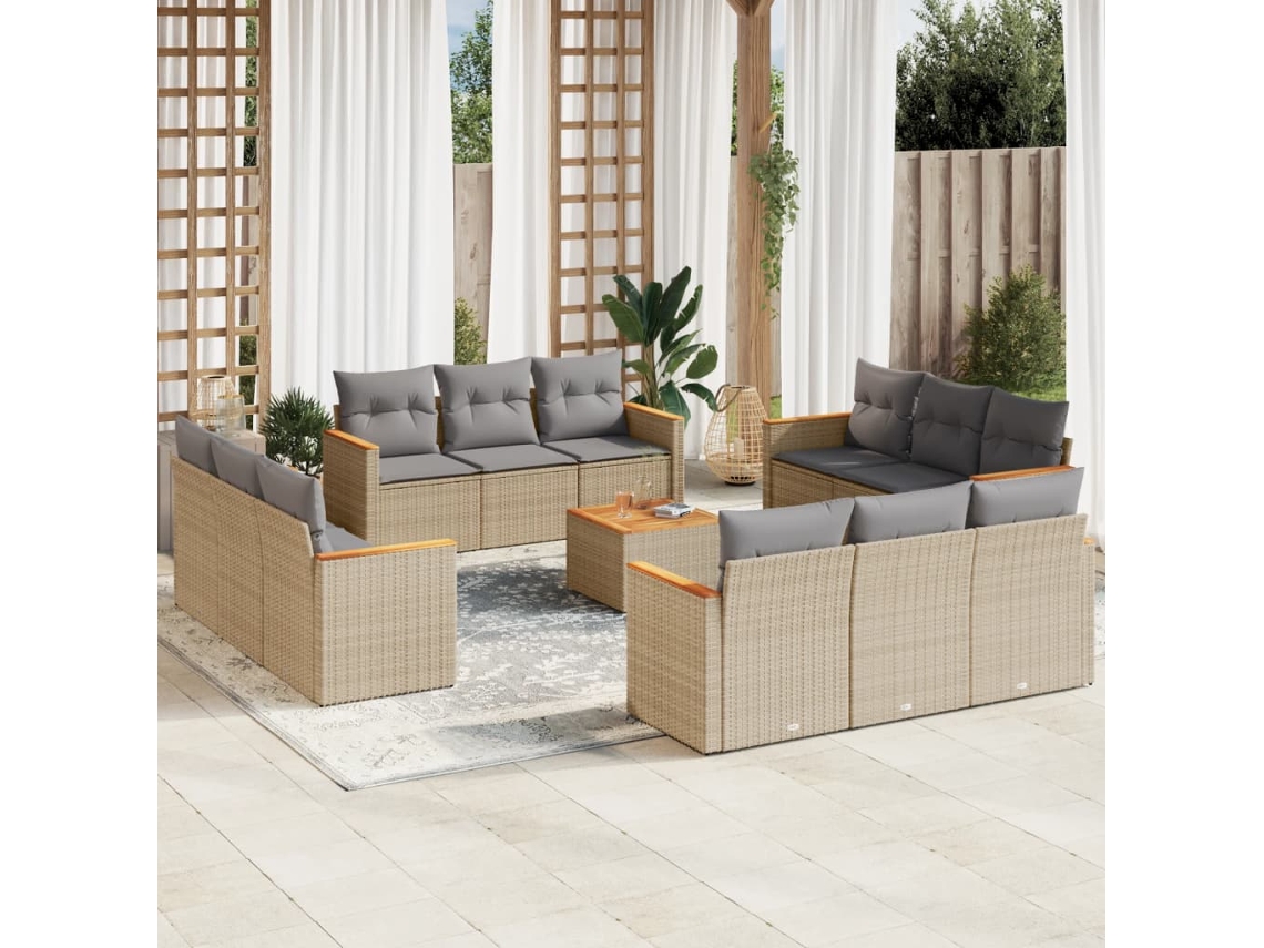Vidaxl 13 Pcs Conj. Sofás Jardim C/ Almofadões Vime Pe Bege Misturado