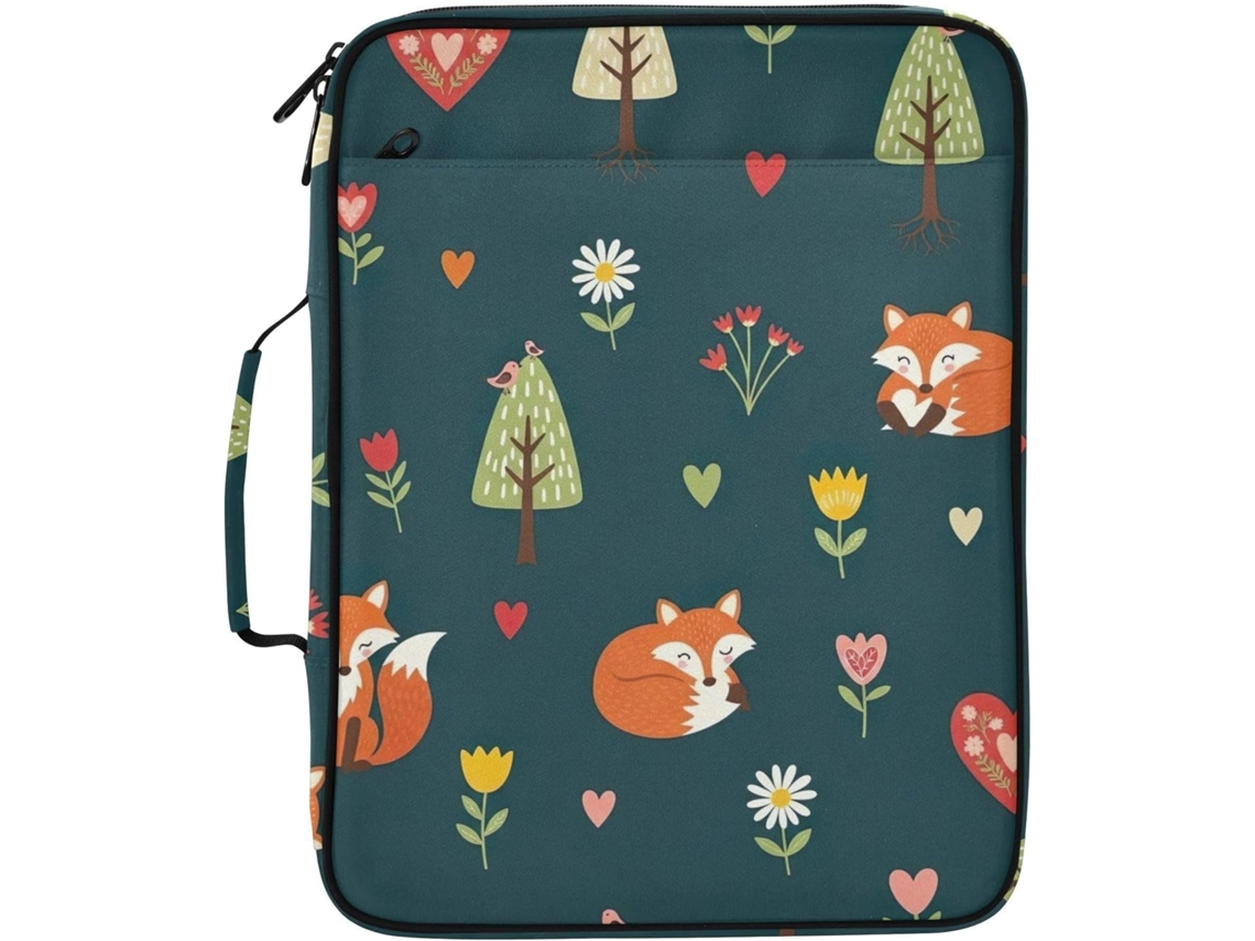 Pasta Expansível Cute Foxes Azul Marinho, Organizador De 3 Argolas Com 7 Bolsos Sanfonados E Compartimento Zíper