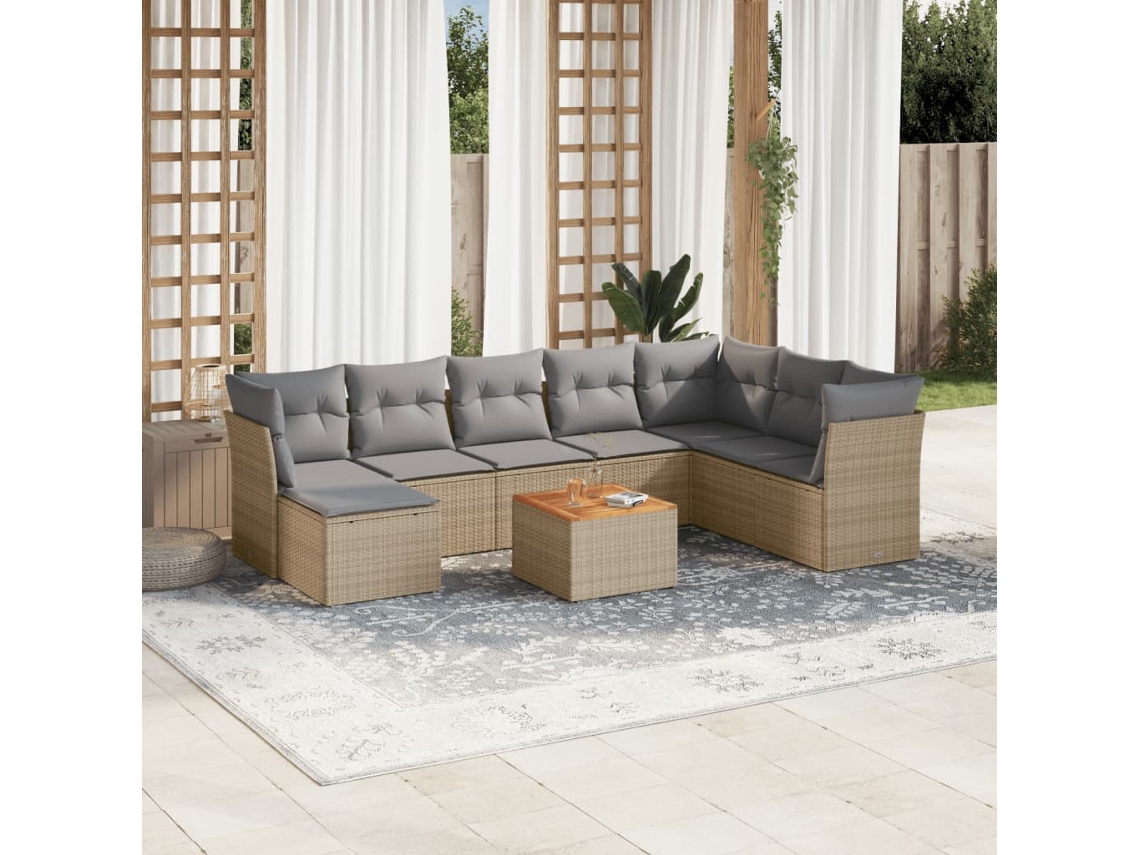 Vidaxl 9 Pcs Conjunto De Sofás P/ Jardim Com Almofadões Vime Pe Bege