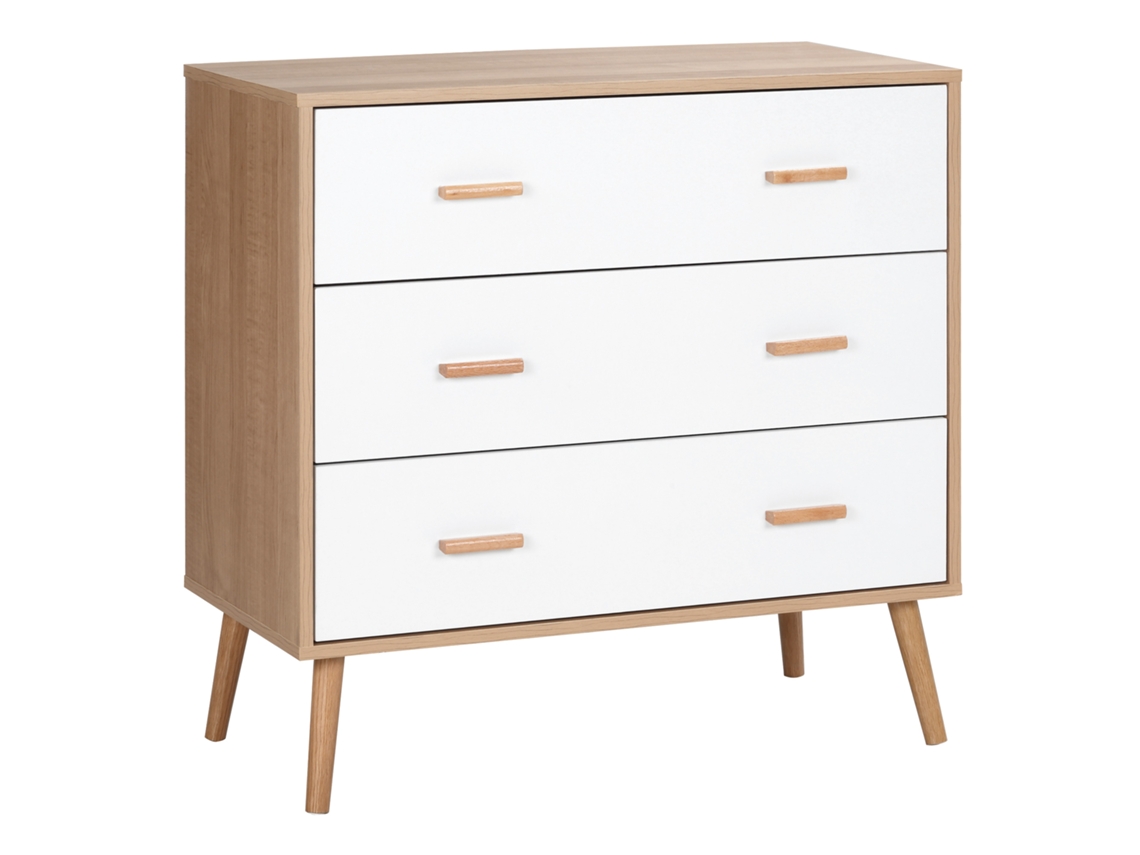 Cómoda Madeira 3 Gavetas, Pés Elevados,, E, Quarto e Sala. 80x39x80cm Branco Natural
