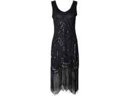 2026 vestido Flapper Anos 20 com Frisos Largos e Pailettes para Festa Gatsby Vintage Krc S Negro