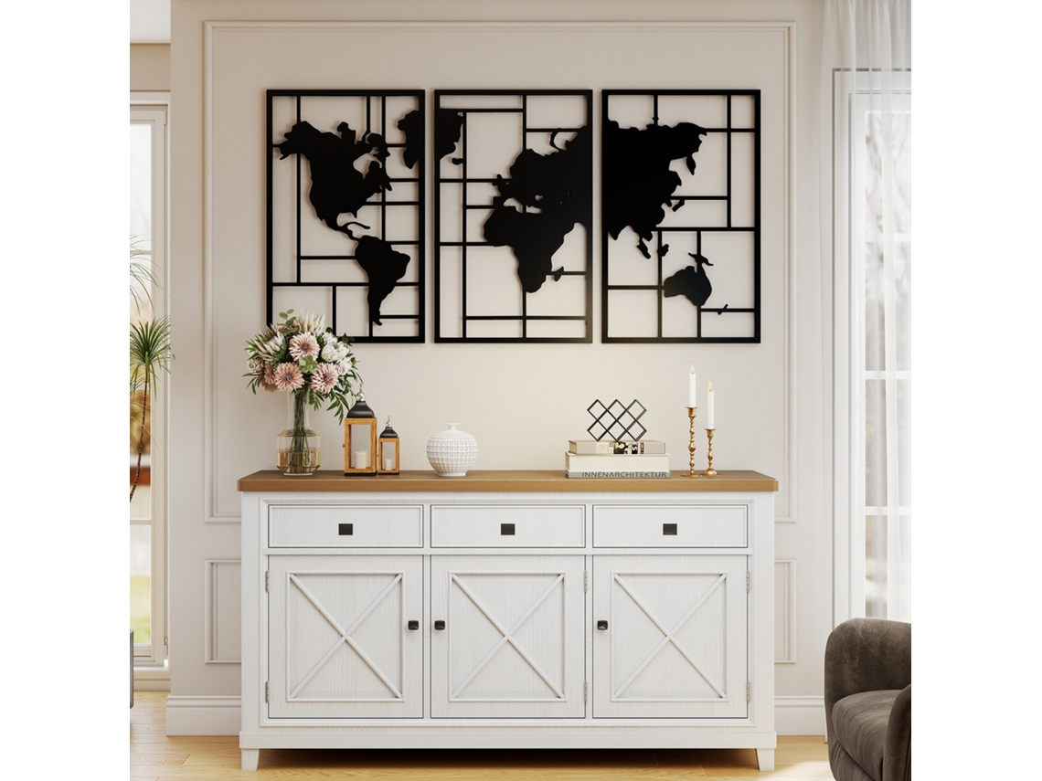 Decoração Parede Metal Mapa Múndi Conjunto 3 Peças Preto