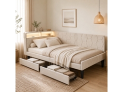 Sofá‑cama 90x200 Com 2 Gavetas, Cama Individual Com Led E Usb, Sofá‑cama Com Cabeceira Em Forma De L, Para Adolescentes E Adultos, Veludo Bege