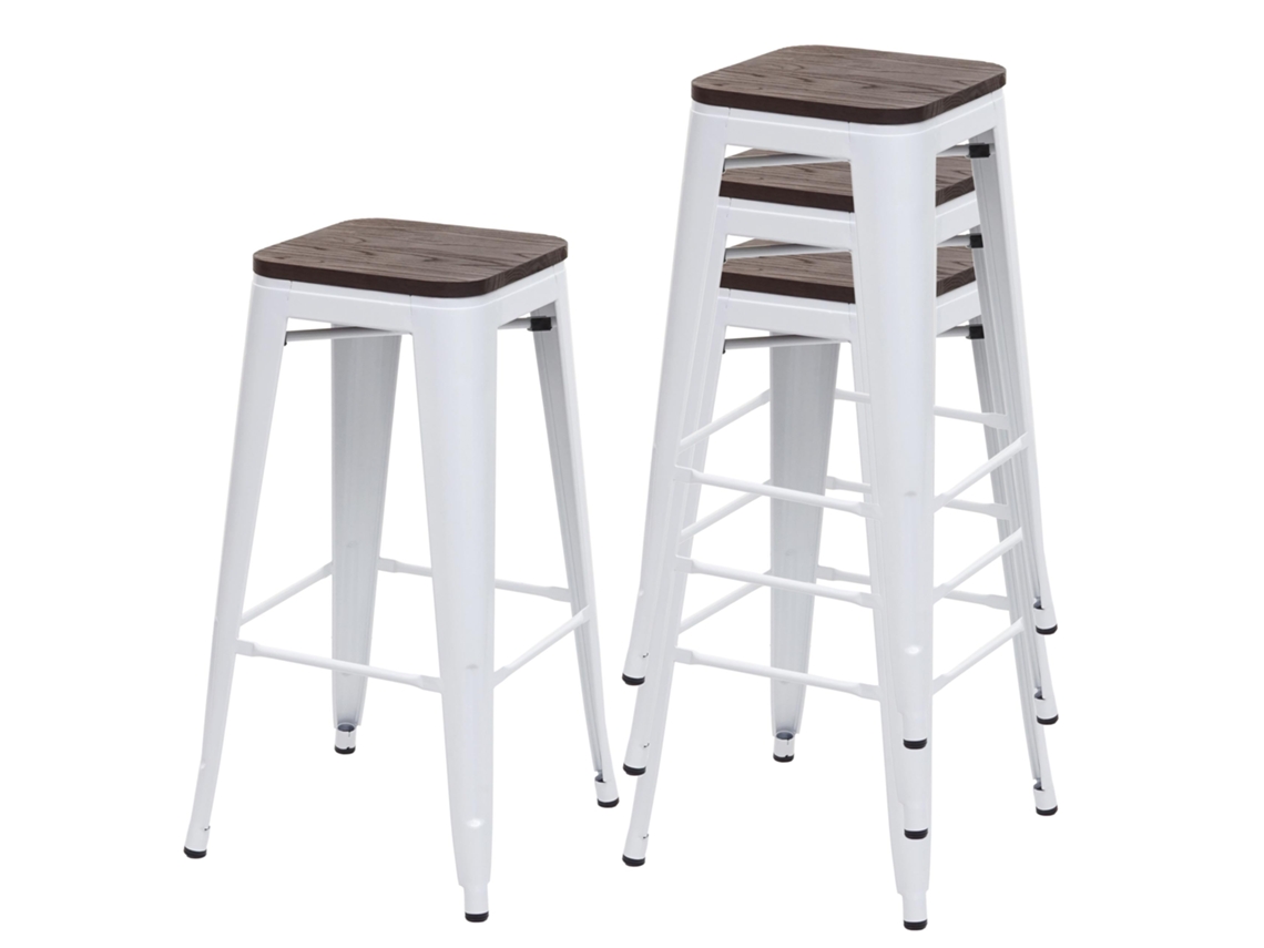 Lote de 4 bancos de bar Assise En Bois Cadre En Métal Blanc Design Industriel Empilhável 04_0007577